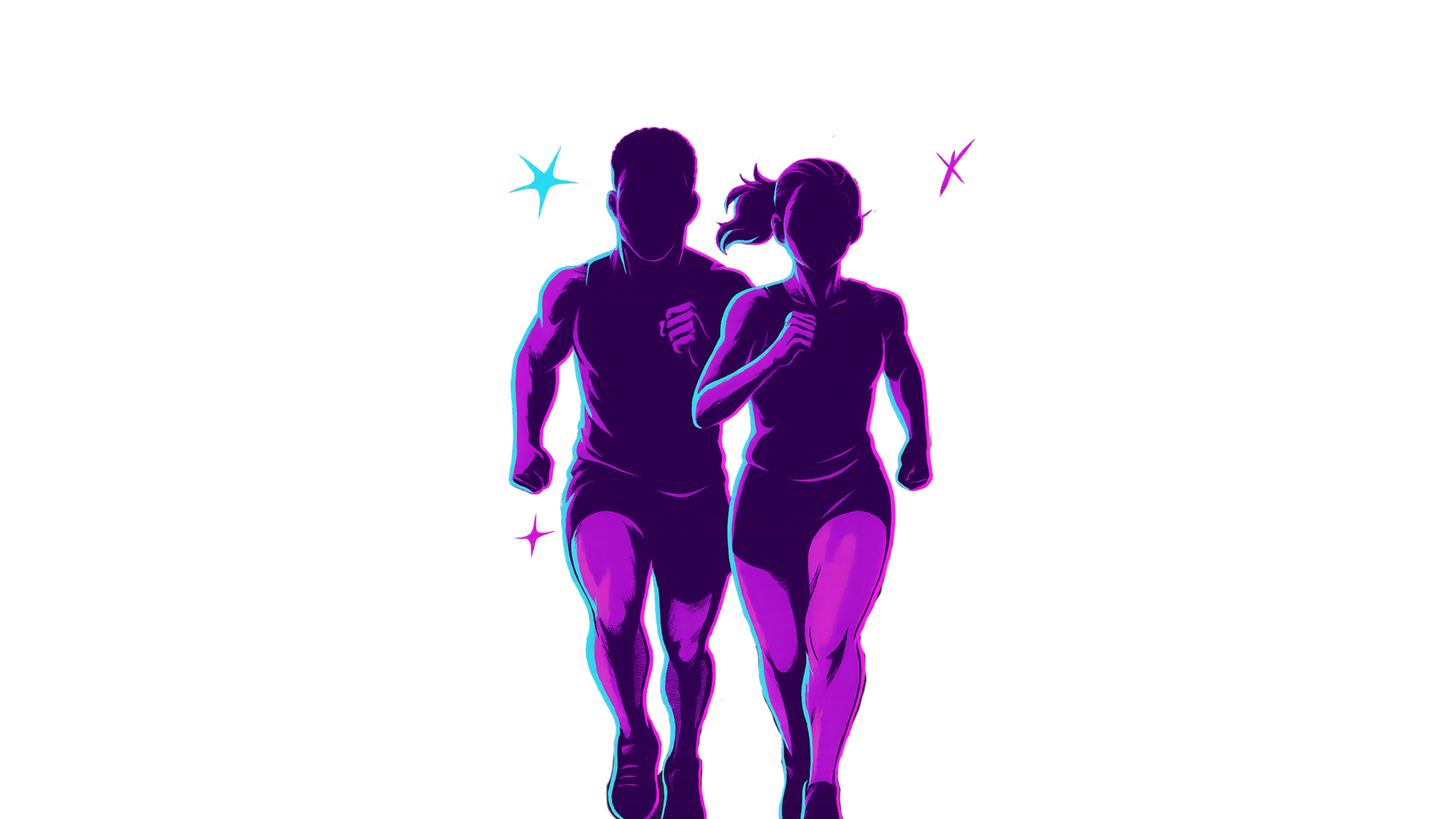 Two runners illustrated in purple and turquoise